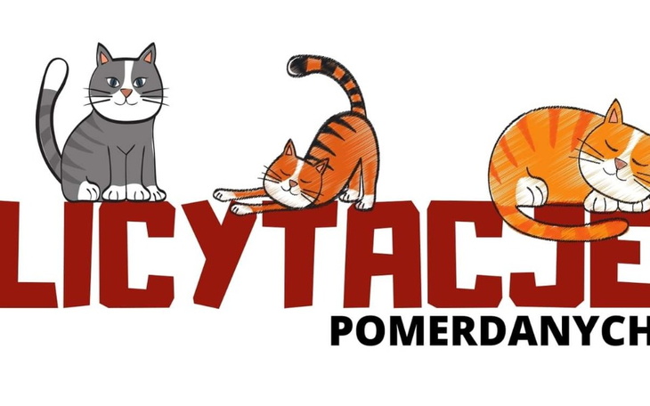 Ilustracja trzech kotów, z napisem 'Licytacje Pomerdanych'.