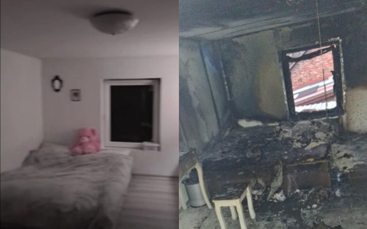 Zniszczone wnętrze po pożarze, z resztkami mebli i dymem.