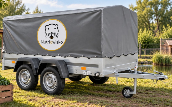 Przyczepa z plandeką na polanie, logo NutriWisko na bagażniku.
