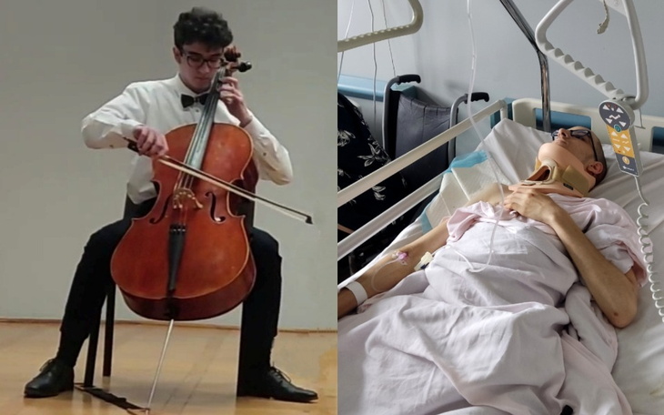 Młody muzyk grający na wiolonczeli, obok zdjęcie w szpitalu.