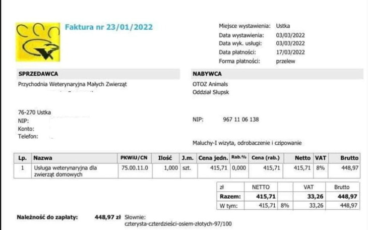 Faktura za usługi weterynaryjne dla zwierząt domowych.