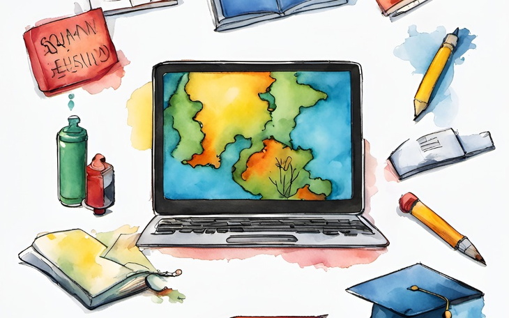 Ilustracja przedstawiająca laptopa i przybory szkolne.