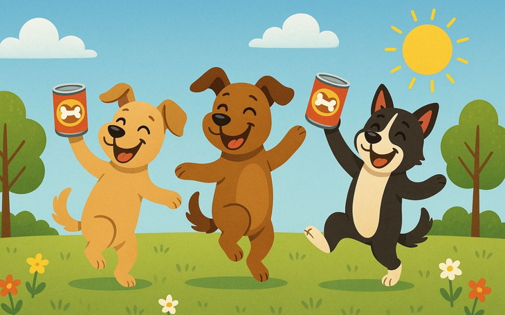 Trzy wesołe psy tańczące na łące w słoneczny dzień.