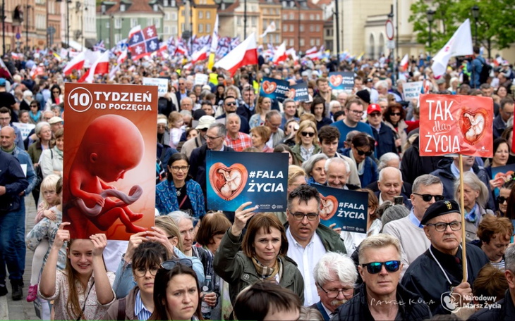 Tłum ludzi z plakatami na marszu pro-life.