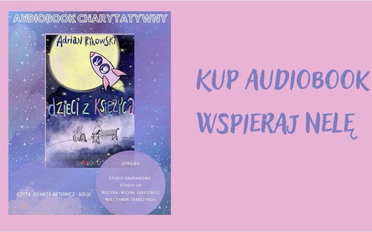 Okładka audiobooka z ilustracją i napisem o wsparciu.