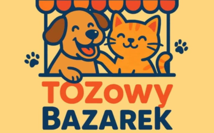 Logo bazarku z psem i kotem, przyjazny design.