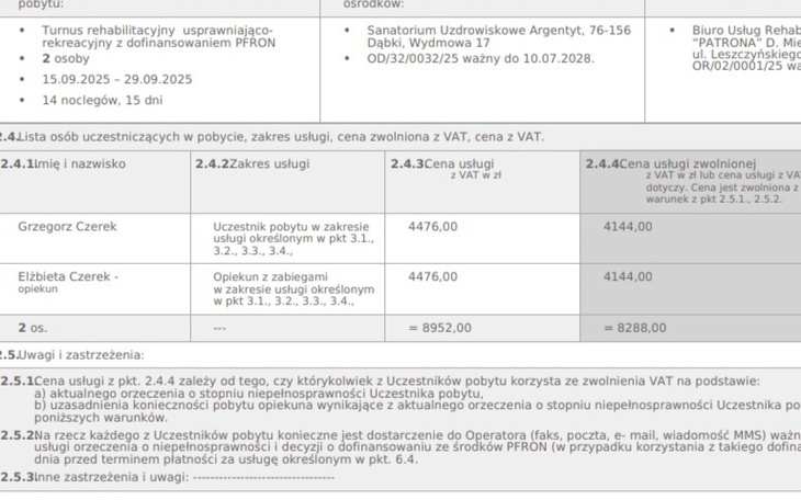 Dokument z informacjami o usługach rehabilitacyjnych i cenach.