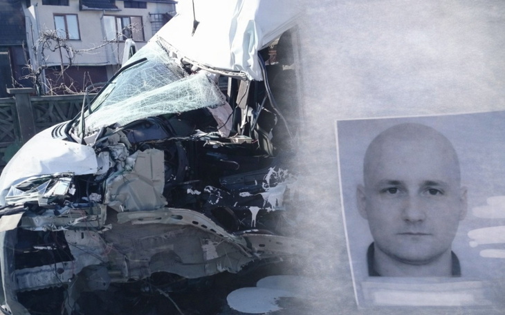 Zniszczony samochód dostawczy po wypadku, obok zdjęcie kierowcy.