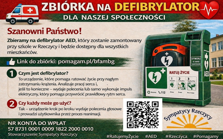 Plakat informacyjny o zbiórce na defibrylator dla społeczności.