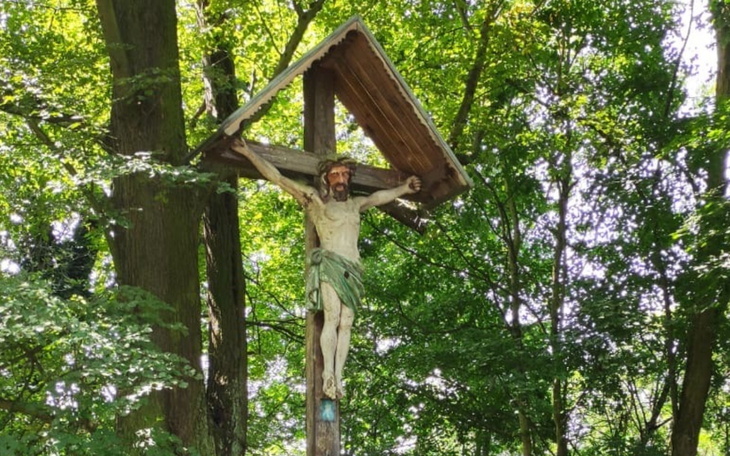 Krucyfiks w lesie, otoczony zielenią.