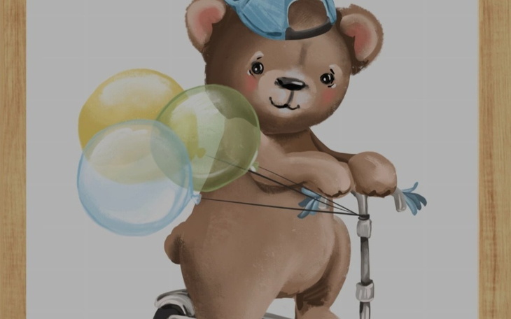 Ilustracja misia na hulajnodze z balonami.