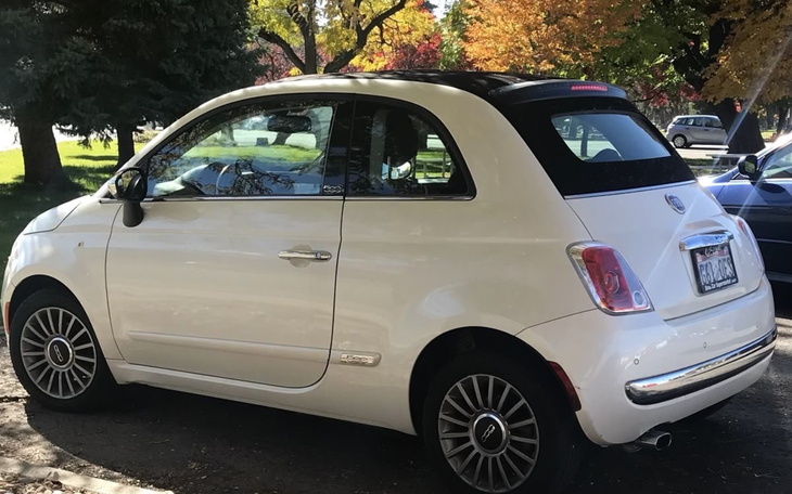 Biały samochód osobowy zaparkowany w otoczeniu drzew w jesiennych kolorach.