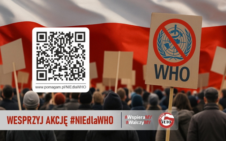 Protest z plakatem WHO na tle flagi Polski.