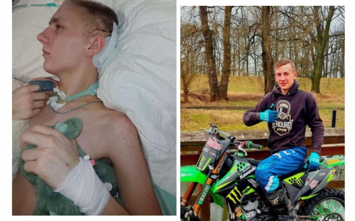 Młody mężczyzna w szpitalu i po rehabilitacji, na motocyklu.