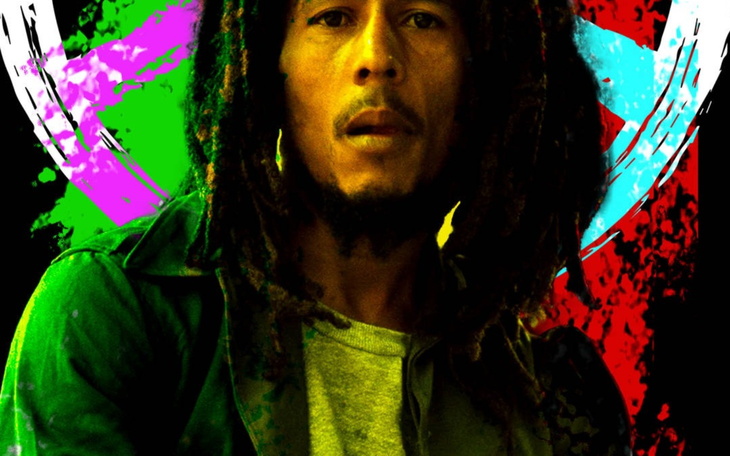 Kolorowy portret Bob'a Marleya na tle graficznym.