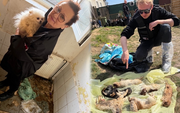 Kobieta trzymająca małego psa w brudnym pomieszczeniu.