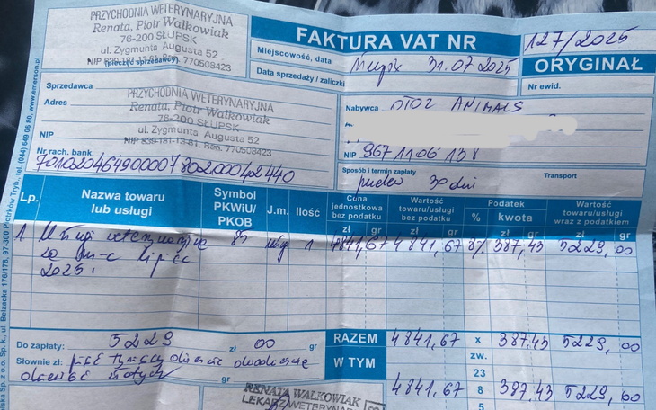 Faktura VAT z danymi weterynaryjnymi.