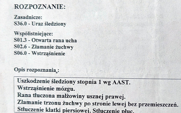 Dokument medyczny z diagnozą urazów.