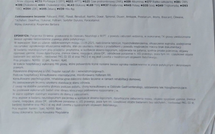 Dokument medyczny z informacjami o leczeniu pacjenta.