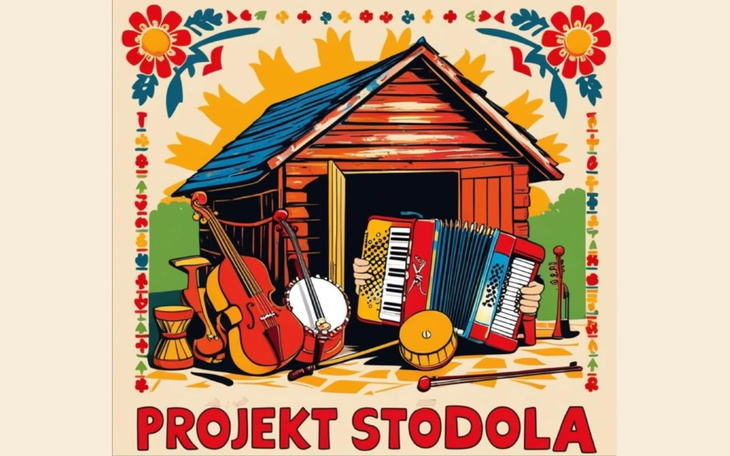 Kolorowa ilustracja stodoły z instrumentami muzycznymi, symbolizująca tradycję.