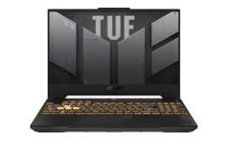 Laptop gamingowy z logo TUF, nowoczesny design.