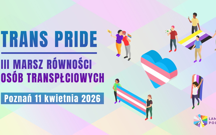 Plakat Trans Pride z datą i grafiką w kolorach tęczy.