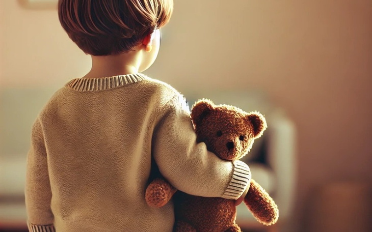 Chłopiec trzymający pluszowego misia, patrzy w stronę ściany.