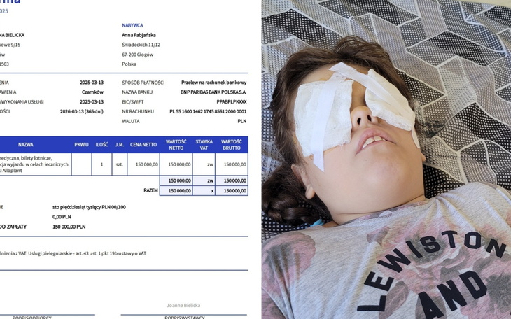 Dziecko z opatrunkiem na oczach, leżące na łóżku szpitalnym.