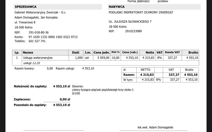 Faktura za usługi weterynaryjne, z danymi sprzedawcy.