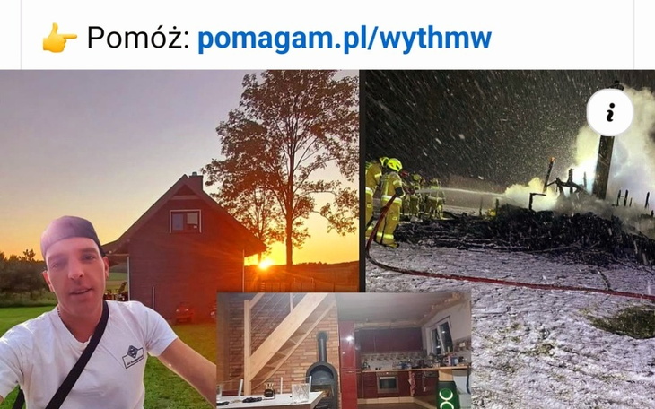 Zniszczony budynek po pożarze, strażacy w akcji.