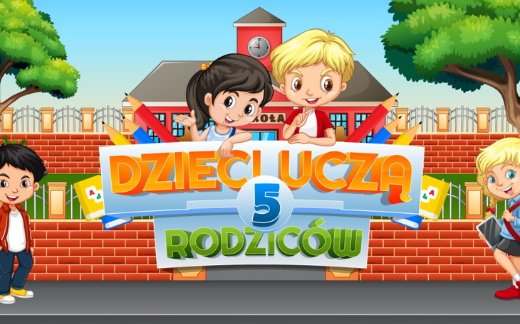 Ilustracja dzieci uczących się w szkole, z napisem 'Dzieci uczą rodziców'.
