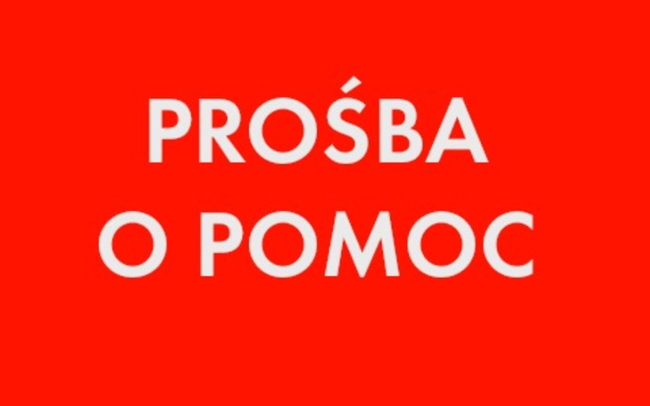 Czerwone tło z napisem 'PROŚBA O POMOC'.