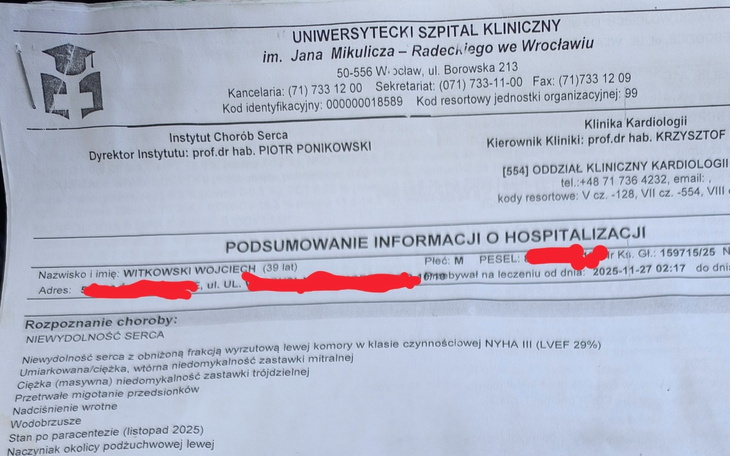 Dokument medyczny z informacjami o hospitalizacji.
