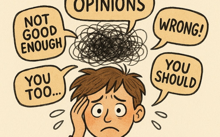 Ilustracja przedstawiająca zmartwionego chłopca z myślami.