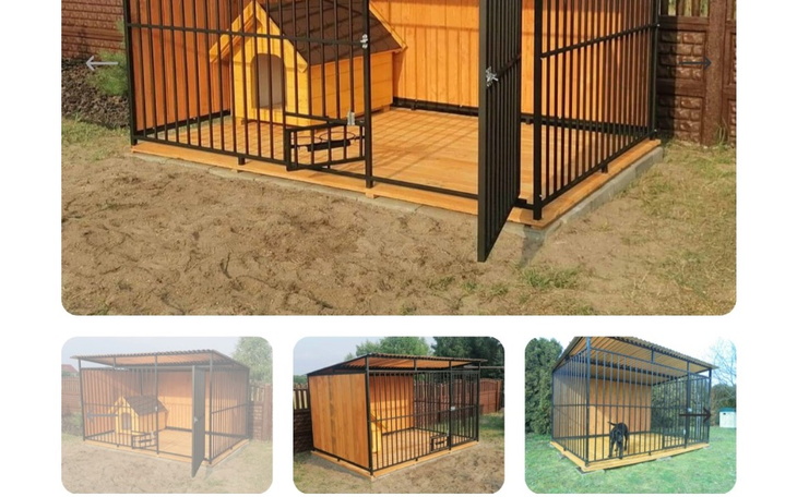 Klatka dla psa z budą, w ogrodzie.