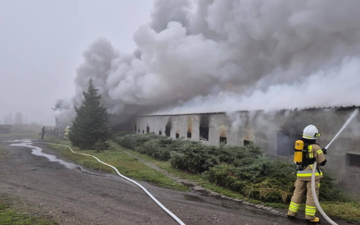 Strażacy gaszący pożar w budynku, otoczeni gęstym dymem.