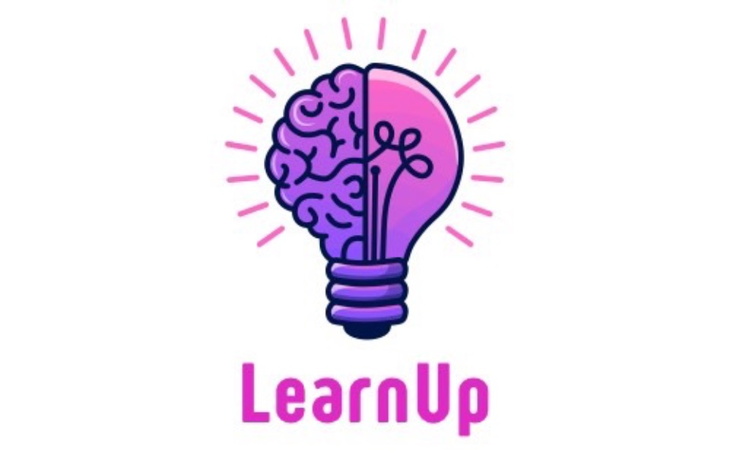 Logo LearnUp z żarówką i mózgiem.