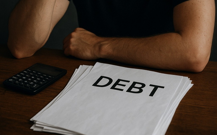 Dokumenty dotyczące zadłużenia na biurku obok kalkulatora.