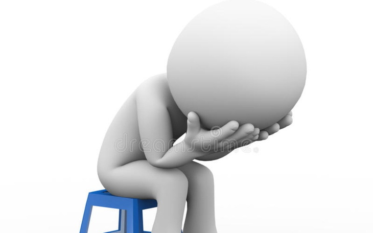 Postać 3D siedzi na stołku, trzymając głowę w dłoniach.
