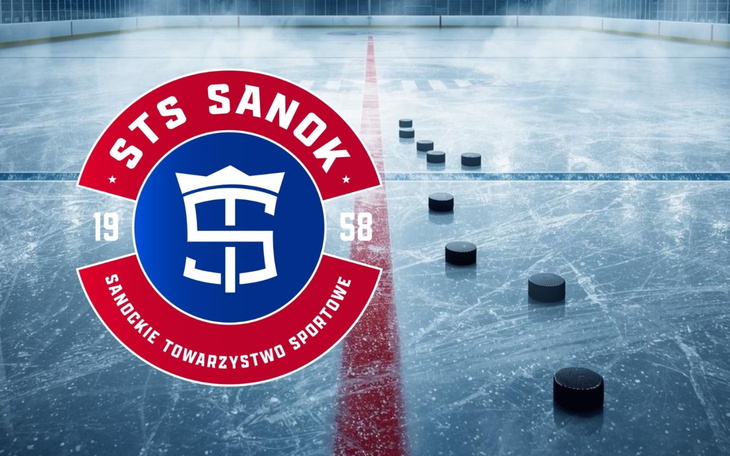 Logo STS Sanok na lodowisku, sportowe emocje.