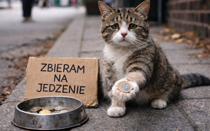 Kot trzymający monetę, z napisem o zbiórce na jedzenie.