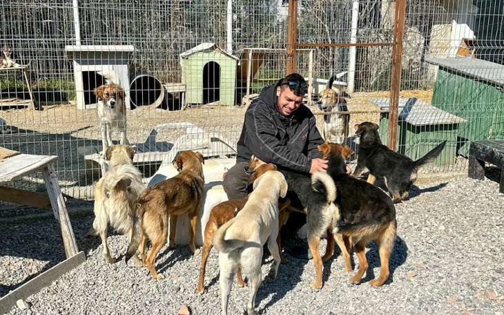 Mężczyzna otoczony przez grupę radosnych psów w schronisku.