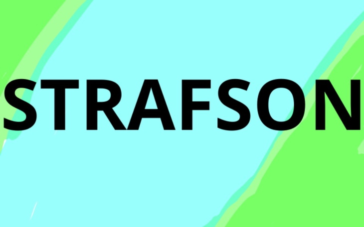 Zielona grafika z napisem 'STRAFSON' na tle w odcieniach niebieskiego.