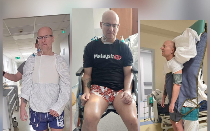 Mężczyzna w szpitalu, w trakcie rehabilitacji.