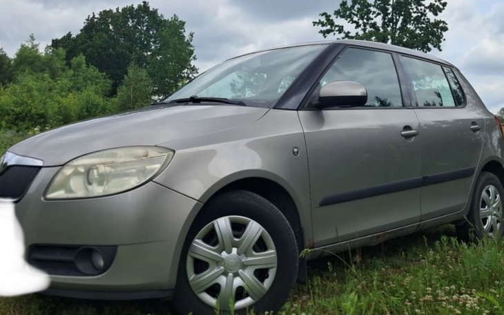 Samochód osobowy zaparkowany na trawie.
