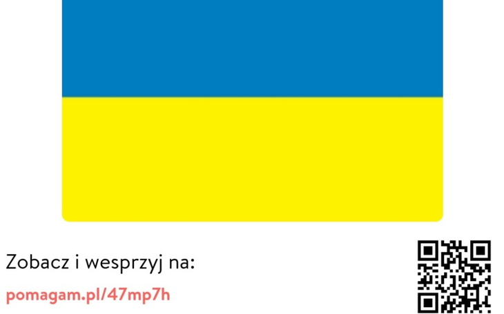 Flaga Ukrainy w kolorach niebieskim i żółtym z kodem QR.