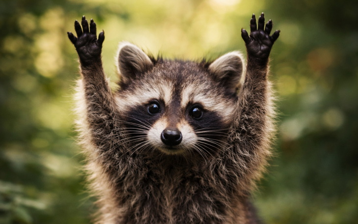 Rysiek z uniesionymi łapkami, wygląda na zaskoczonego.
