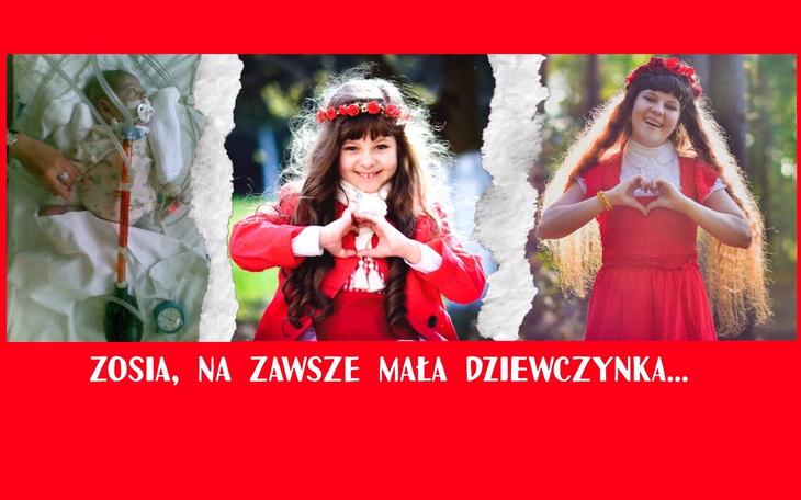 Trzy zdjęcia Zosi, uśmiechającej się w czerwonej sukience.