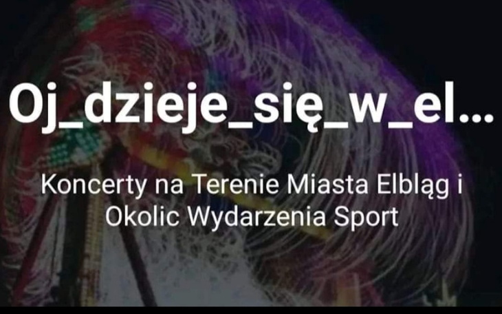 Plakat koncertu w Elblągu z kolorowymi efektami.
