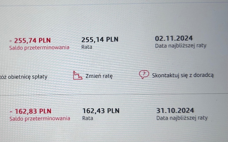 Zrzut ekranu z informacjami o saldzie bankowym.